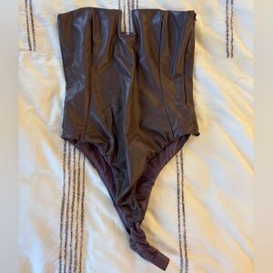 Zara Brown Faux Leather Strapless Bodysuit